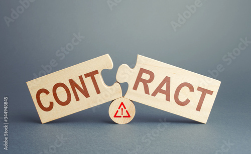 Two disassembled puzzles with word Conflict. Deal cancel. Violation of conditions and rules. Termination of cooperation, disagreement refusal to renew agreement. Anticipatory repudiation act.