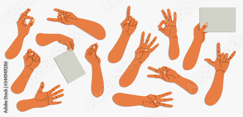 Set of illustrated men's hands. Variety of gestures. Hands counting, holding the paper. Trendy isolated vector illustration set on white. Collection of trendy hands for web design and print.