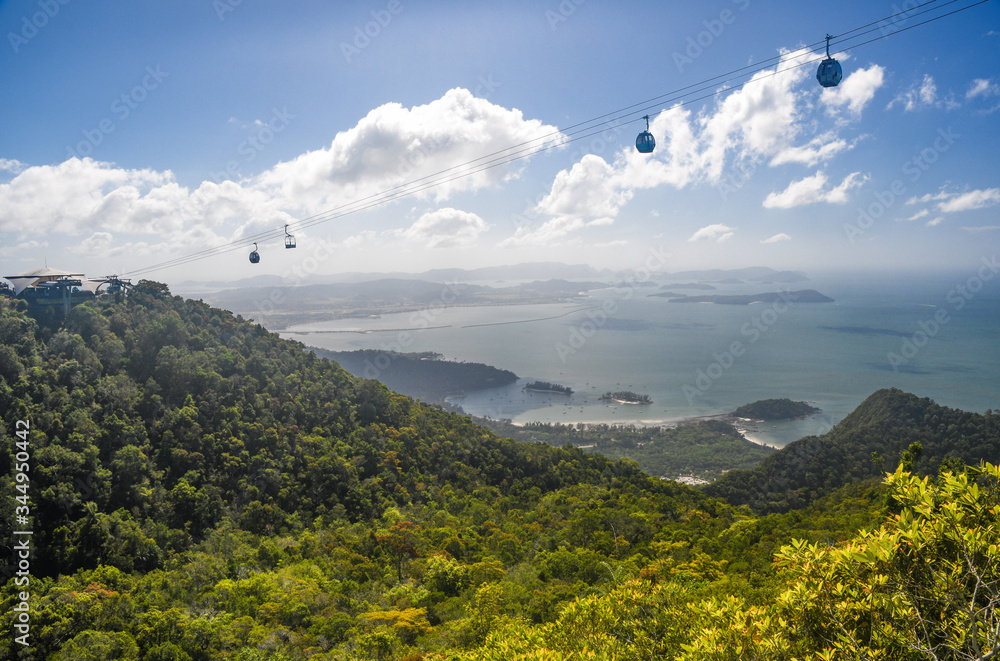 Scenic view on Andaman sea and hills covered by trees from Sky Bridge in Langkawi Island. Vacation and holidays in Malaysia
