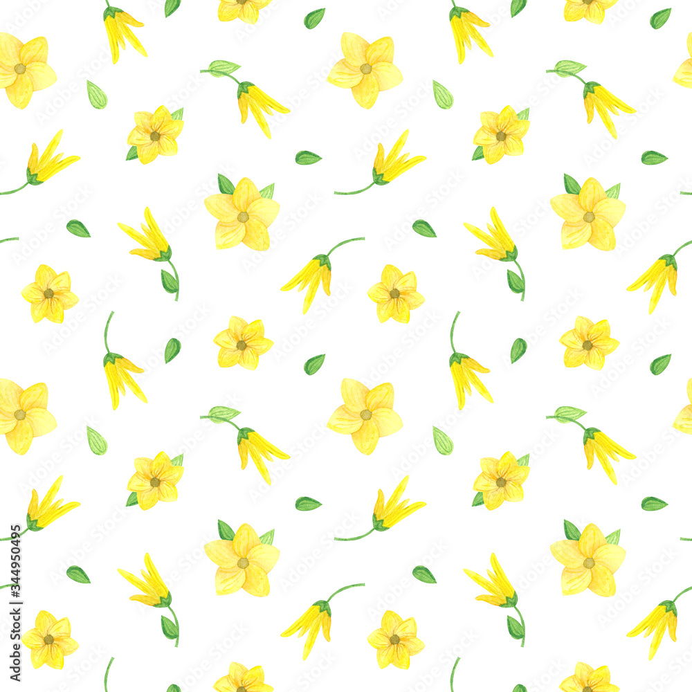 Watercolor seamless floral pattern on white background. Wild yellow flowers with green leaves on white background. Watercolor flowers pattern. Seamless design for printing on textile, fabric, paper