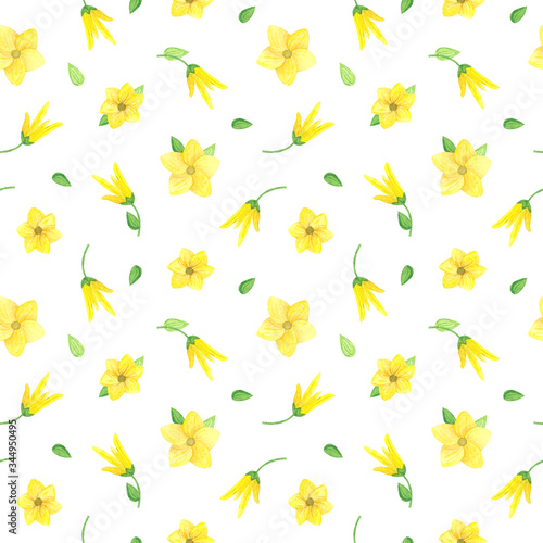 Watercolor seamless floral pattern on white background. Wild yellow flowers with green leaves on white background. Watercolor flowers pattern. Seamless design for printing on textile, fabric, paper © Irin Fierce