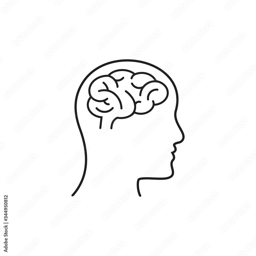 Human head with brain icon in line style, isolated on white background, vector illustration Human head with brain icon in line style, isolated on white background, vector illustration