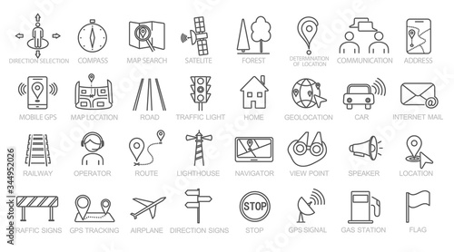 Set of navigation, location, transportation and GPS icons. Vector illustration.