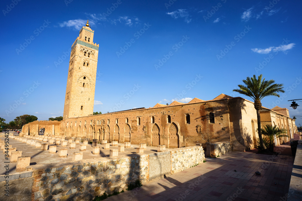 Wide angle view of the Koutobia Mosque at sunset, Marrakesh, Morocco
