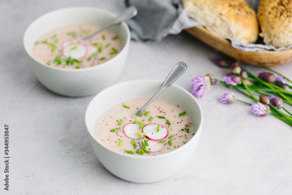 Radish soup horizontal shot with bread Radish soup horizontal shot with bread