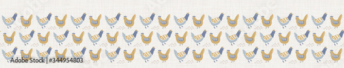Seamless french farmhouse chicken hen border pattern. Provence linen shabby chic style. Hand drawn rustic texture background. Country style edge banner home decor tape. Farm animal textile ribbon.