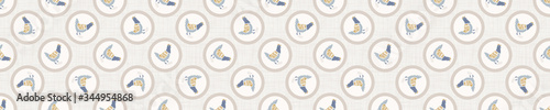 
Seamless french farmhouse chicken hen border pattern. Provence linen shabby chic style. Hand drawn rustic texture background. Country style edge banner home decor tape. Farm animal textile ribbon.