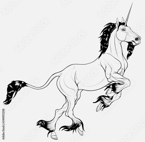 Unicorn prances and rears, bending its front legs. Linear vector illustration of a heraldic horned stallion with a long lion tail and cloven hooves. Folklore and mythological character.
