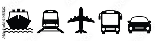 transportation icon set in flat style.Ship, Train, Airplane, Public bus, car or taxi isolated on white background. Vector Illustration