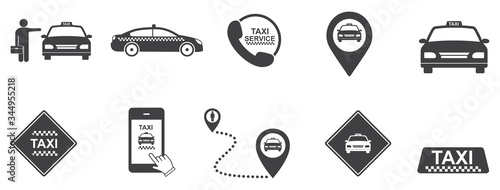 Taxi service vector icon set. Taxi service delivery, Taxi map pointer, taxi signs. Taxi app, vector illustration