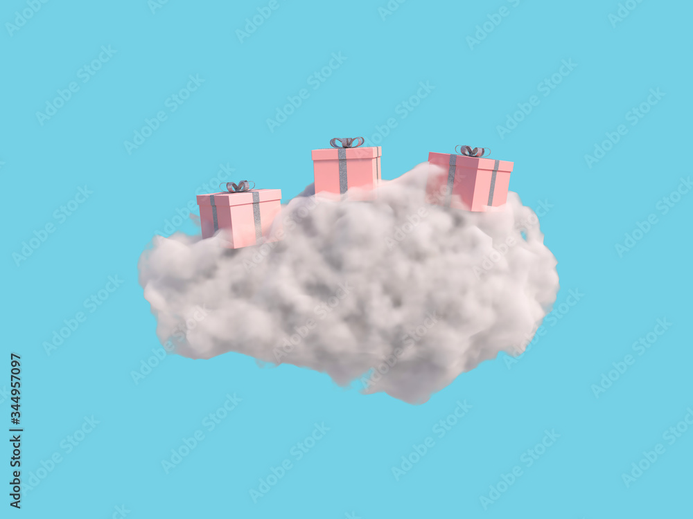 Gift box on the cloud on blue background. 3d rendering