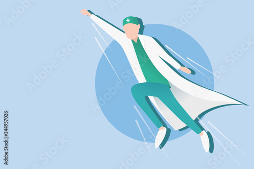 Hero Doctor character in medical uniform fighting with coronavirus. Brave Doctors and nurses our heroes. Support medical stuff. Vector in flat style. Thank you, healthcare workers!