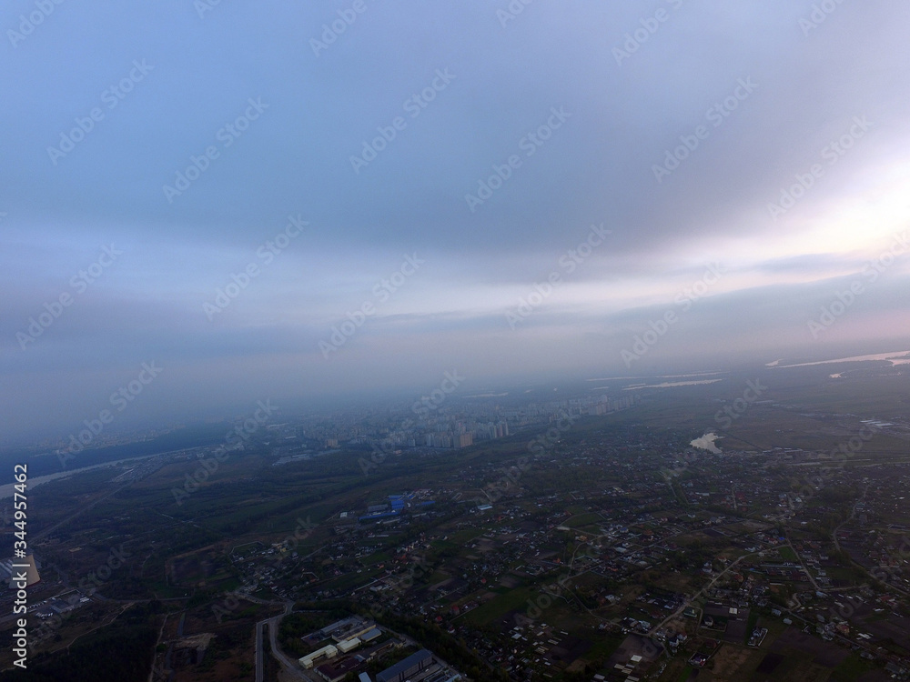 Aerial view of the saburb landscape (drone image). Near Kiev.  Sunset time.