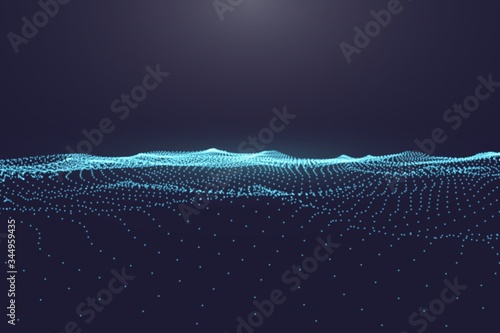 Abstract digital ocean with flowing particles and upper light. Cyber or technology background.Vector illustration