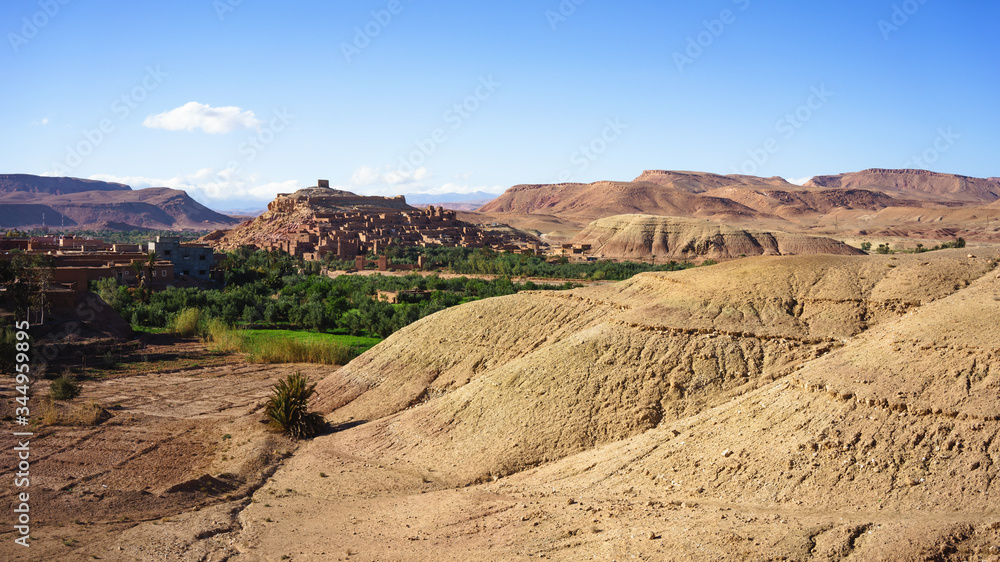 Panoramic view of the fortified village of Ait Ben Haddou, near Ourzazate, in Morocco Panoramic view of the fortified village of Ait Ben Haddou, near Ourzazate, in Morocco