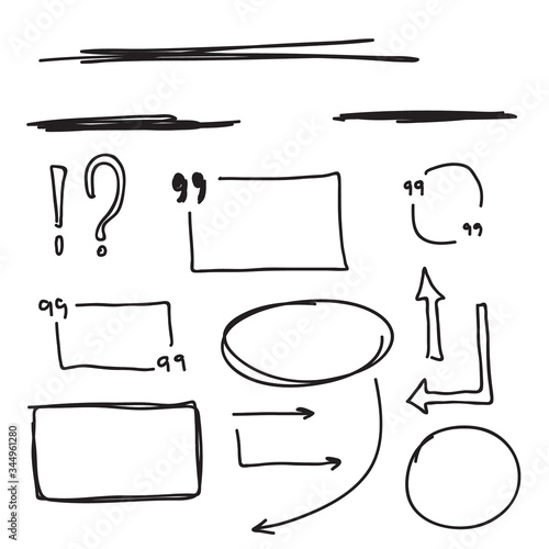Set hand drawn text box and frames, quotes, question, exclamation mark, arrow, underline felt-tip pen objects. Vector illustration.