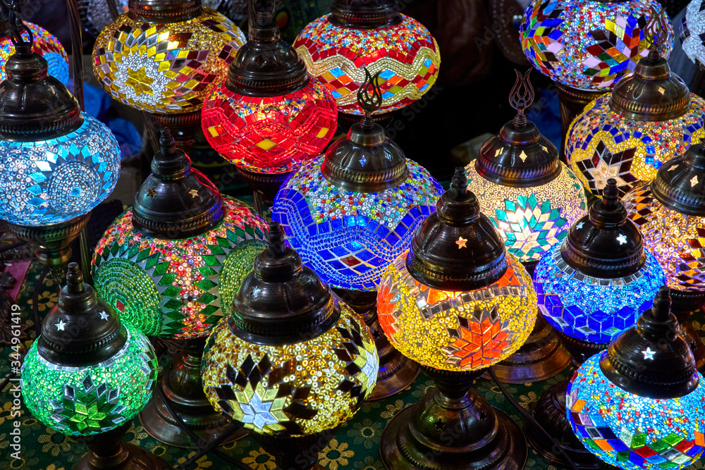 Horned lamps with bright colors put up for sale in the market.