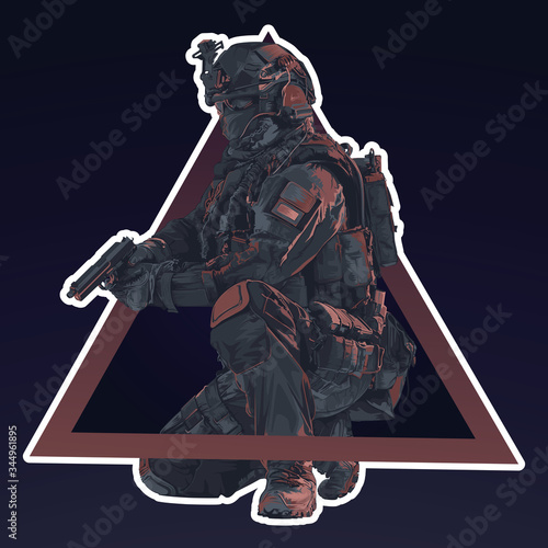 Vector Policeman Tactical Shoot Illustration. Armed police military preparing to shoot with automatic Gun.