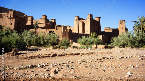 Wide angle view of the fortified village of Ait Ben Haddou, near Ourzazate, in Morocco