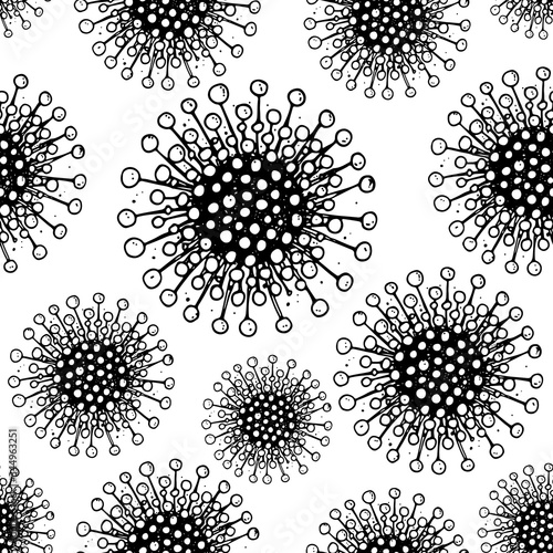 Coronavirus COVID-19 seamless pattern. Biology organisms background in vintage engraved style. Respiratory virus infection illustration. Hand drawn corona virus illustration