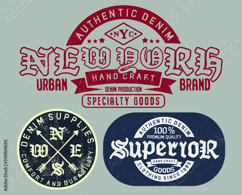 Vector illustration on the theme of denim, raw and jeans in New York City. Vintage design. Grunge background. Typography, t-shirt graphics, print, poster, banner, flyer, postcard.
