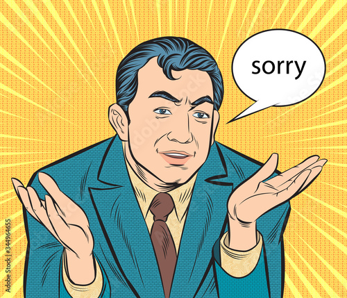 Businessman raised hands, he said sorry. Pop art retro illustration comic style vector, Separate images of people from the background.