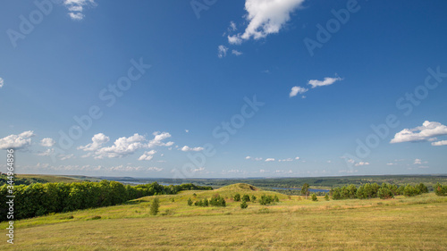 rare trees in a valley between hills with mowed grass