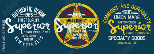 Vector illustration on the theme of denim, raw and jeans in New York City. Vintage design. Grunge background. Typography, t-shirt graphics, print, poster, banner, flyer, postcard.