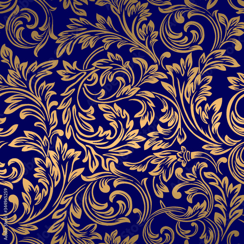 Gold seamless damask blue background. Elegant Wallpaper, luxury shiny fabric, vintage designer ornament in vector