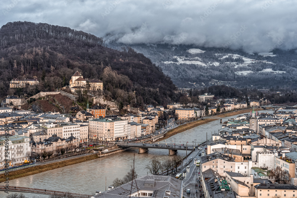 View of staatsbrucke bridge over Salzach river acrros Salzburg Austria