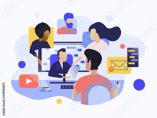 A video conference of characters where employees discuss work processes in blue, yellow, and orange colors.