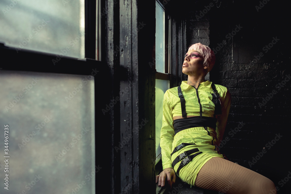 Portrait of Drag Queen in Neon Clothes with Window Light Portrait of Drag Queen in Neon Clothes with Window Light