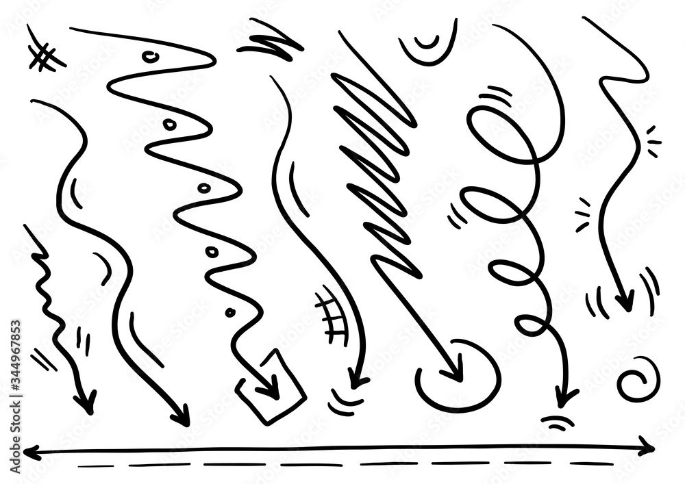 zig zag arrow sign set. hand drawn zig zag, wavy arrow signs. different arrow symbols Stock