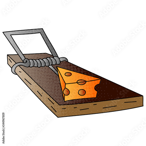 mouse trap vector design. digital hand drawn. halftone texture