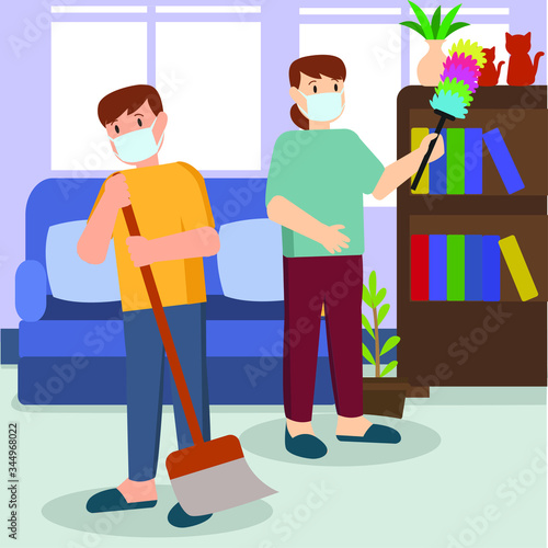 Man and Woman are using medical mask while cleaning a room