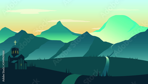 Christian temple or church in the mountains. Italian Tuscany or mountains of Greece, landscape. Vector illustration.