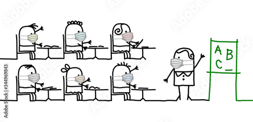Cartoon children and teacher at school with protection mask against virus