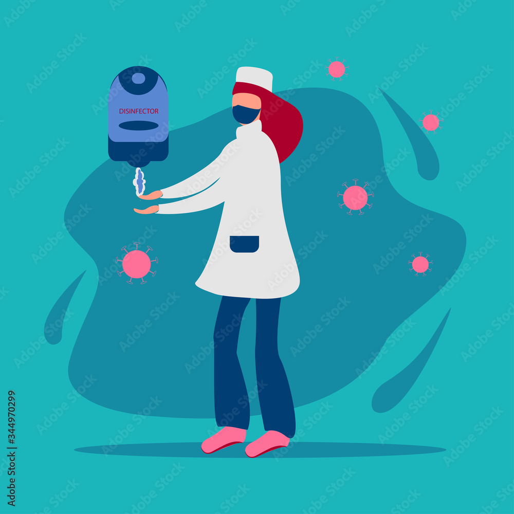 Doctor disinfects hands Corona virus Bacterial Cellular Icon.Concept wash your hands more often with disinfection..Vector illustration on an isolated blue background.For banner,flyer,message Doctor disinfects hands Corona virus Bacterial Cellular Icon.Concept wash your hands more often with disinfection..Vector illustration on an isolated blue background.For banner,flyer,message