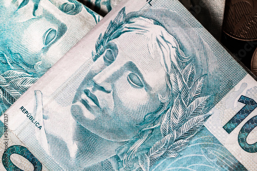 Real, Money from Brazil. Currency, Brasil, Economia Brasileira. Real banknotes in close-up. photo