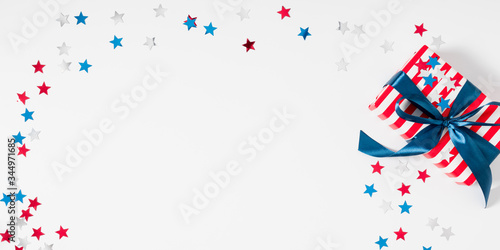 4th of July American Independence Day. Happy Independence Day, decorations on white background. Flat lay, top view, copy space