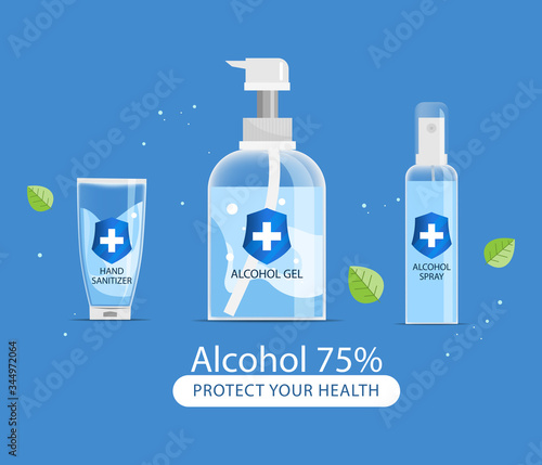 Wash hand sanitizer gel bottle with alcohol. Covid-19 prevention. Coronavirus hand sanitizer advice.
