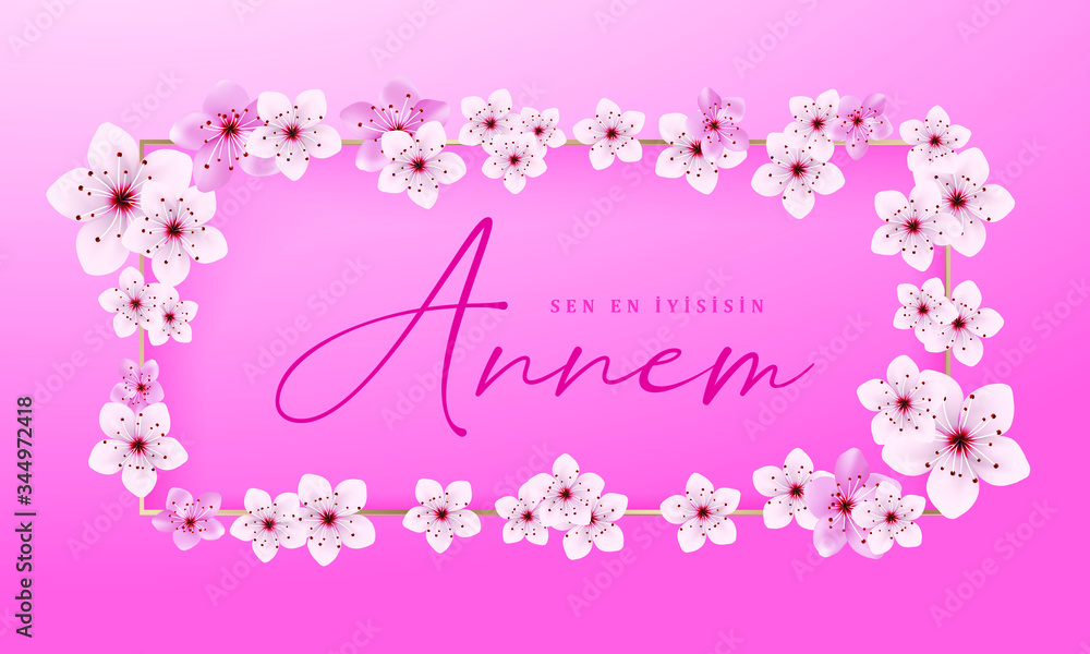 Sincere Happy Mothers day card. Mom, You are the best (Turkish: Anneler gününüz kutlu olsun. Annem, Sen en iyisisin.) Mother, Happy Mothers Day -Pink fresh floral card.