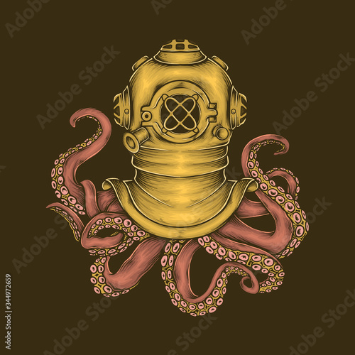 Hand drawing vintage diver helmet octopus vector illustration
