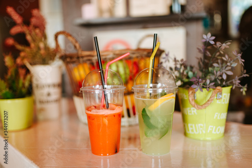 Close up of refreshing juice on the table at cafe