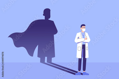 Young man doctor standing confidently and superhero shadow appears behind on the wall. Fighting against coronavirus pandemic. Saving life medical concept. Strong. Courage. Brave. Vector illustration