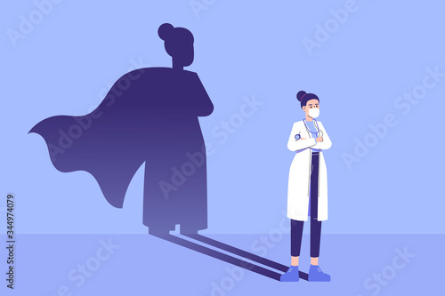 Woman doctor standing confidently and superhero shadow appears behind on the wall. Fighting against coronavirus pandemic. Strong. Courage. Brave. Saving life medical concept. Vector illustration