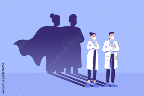 Doctors standing confidently and superhero shadow appears behind on the wall. Saving life medical concept. Fighting against coronavirus pandemic. Epidemic. Strong. Brave. Courage. Vector illustration