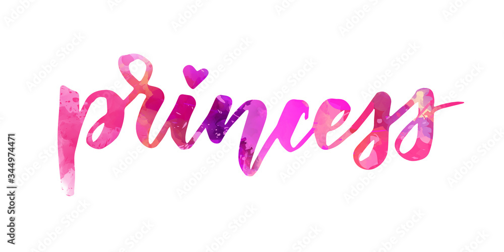 Princess - handwritten modern watercolor calligraphy lettering text. Pink colored. Template typography for t-shirt, prints, banners, badges, posters, postcards, etc.