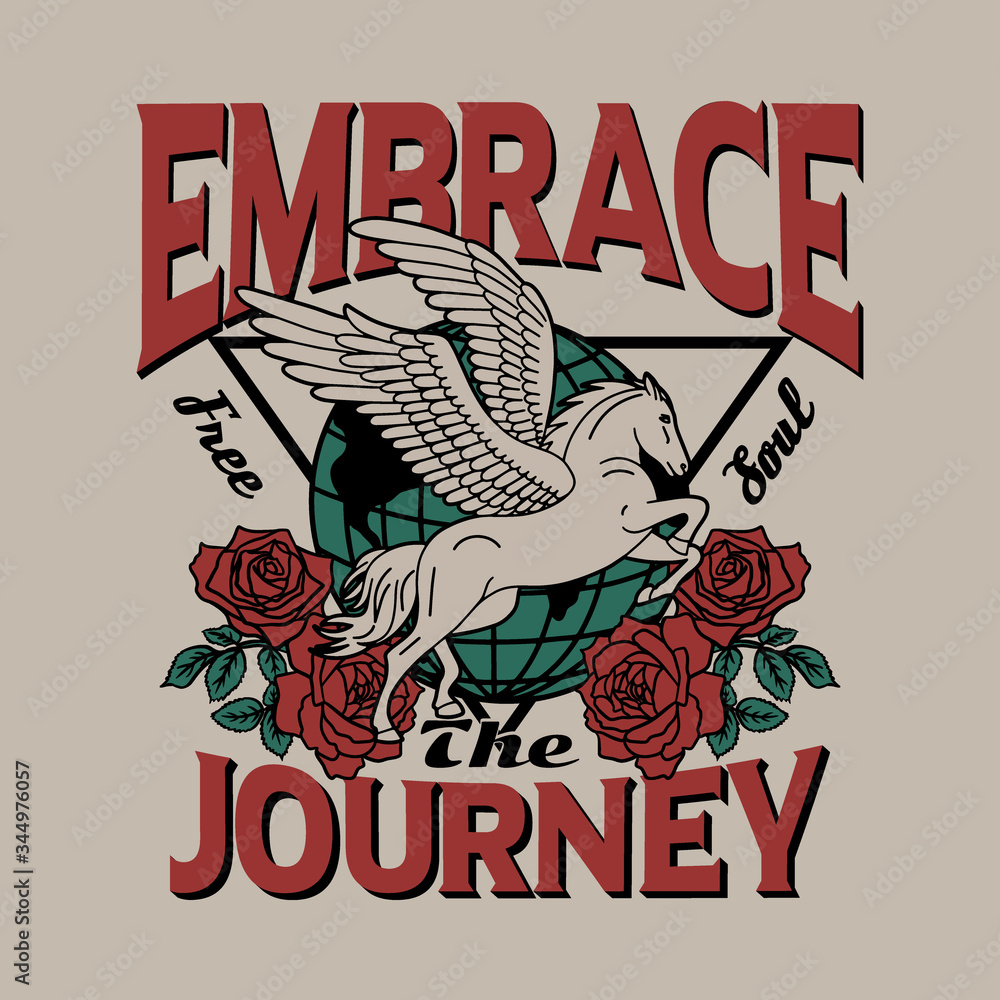 Pegasus Illustration with Roses and Endless Journey Slogan Artwork For Apparel and Other Uses Pegasus Illustration with Roses and Endless Journey Slogan Artwork For Apparel and Other Uses