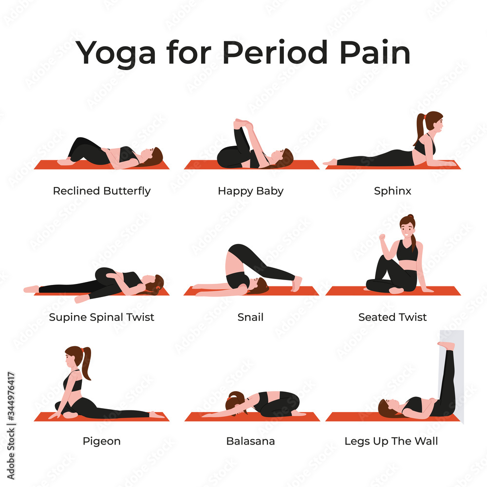 Set yoga poses or asana for period pain for female. Simple poses for  beginners. Flat vector cartoon modern illustration. Stock Vector | Adobe  Stock